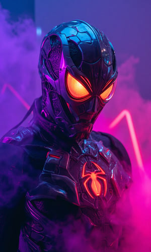 This image is a piece of digital art that looks like a futuristic or sci-fi scene. It shows a close-up of the head and upper body of a futuristic warrior who is wearing a neon metal helmet resembling a pumpkin lamp and a neo-futuristic technological battle armor that is a combination of Spider-Man and Iron Man battle armor.
High-tech cyberpunk style,
Vertigo, Splash Art, Splash Neon Colors, (Colorful Glowing Smoke) ((Dynamic Effects)), Best Quality, Wallpaper Art, UHD, Medium Scene, MSchiffer Art, ((Flat Colors)), (cel-shading style) Very Bold Neon Colors, Psychedelic Environments.