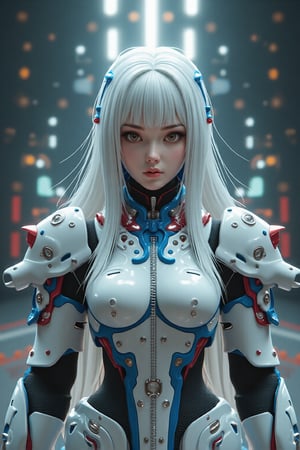 (ultra realistic,best quality),photorealistic,Extremely Realistic, in depth, cinematic light,hubgwomen,hubg_beauty_girl, front_view, masterpiece, best quality, photorealistic, raw photo, (1girl, looking at viewer), long white hair, mechanical white armor, intricate armor, delicate blue filigree, intricate filigree, red metalic parts, detailed part, dynamic pose, detailed background, dynamic lighting, HUBG_Mecha_Armor, intricate background, realism,realistic,raw,analog,portrait,photorealistic,hubg_mecha_girl