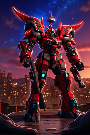 professional 3d model, anime artwork pixar,3d style, good shine, OC rendering, highly detailed, volumetric, dramatic lighting, 

(red and black mecha), gundam, holding rifle, explosion, laser, robot, masterpiece,best quality,ultra-detailed,very detailed illustrations,extremely detailed,intricate details,highres,super complex details,extremely detailed,cowboy shot, caustics,reflection,ray tracing,demontheme,nebula,dark aura,cyber effect, action, ancient japanese architecture,pond, starry sky,skyline, 

hdr, masterpiece,best quality,super detail, key visual, vibrant, studio anime,