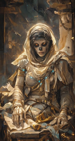 Stunning oil painting illustration. A hauntingly beautiful scene unfolds: a majestic female mummy sits regally on an ancient stone pedestal, wrapped in tattered linen, her weathered face aglow with mystique beneath a veil of darkness. Her Skull face with Detailed mystery eyes. Framed by the pedestal's rugged edges, she is flanked by treasures scattered across the background, including glinting golden artifacts and sparkling precious jewels that seem to hold secrets of forgotten lore. Scrolls unspool tales of ancient mysteries, their worn parchment stretching like skeletal fingers towards the mummy. Moody lighting casts long shadows, weaving an aura of mystery around this regal mummy as if the darkness itself has come to pay homage.