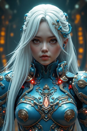 A cinematic masterpiece of photorealistic excellence, a stunning portrait of the hubgwomen, 'hubg_beauty_girl', captured in a front-view pose, with piercing eyes gazing directly at the viewer. Her long, flowing white hair cascades down her back like a river of silk, as she wears intricate mechanical armor adorned with delicate blue filigree and red metallic parts. The dynamic pose showcases the detailed armor's curves and textures, while the raw photo quality emphasizes every realistic aspect. In the background, an intricate, analog-inspired setting provides depth and context, illuminated by cinematic lighting that accentuates every detail. This is a true work of art, a photorealistic marvel that blurs the line between reality and fantasy.