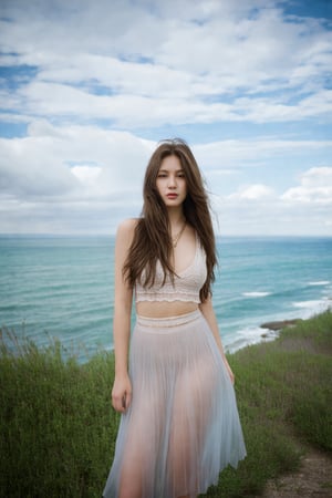 (ultra realistic,best quality),photorealistic,Extremely Realistic, in depth, cinematic light,hubgwomen,hubg_beauty_girl, 1girl,(long hair:1.4),outdoors,(front:1.3),(standing:1.3),seaside,cloudy sky,High-low skirt,(cowboy_shot:1.2),navelwavy hair, intricate background, realism,realistic,raw,analog,portrait,photorealistic,hubggirl