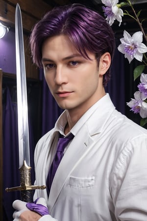 (ultra realistic,best quality),photorealistic,Extremely Realistic, in depth, cinematic light,hubgman,

Extremely Handsome man, solo, looking at viewer, bangs, shirt, gloves, long sleeves, holding, hair between eyes, purple eyes, white shirt, weapon, purple hair, flower, sword, holding sword, 

intricate background, realism,realistic,raw,analog,portrait,photorealistic,hubgman