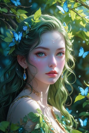 portrait of a beautiful 21yo hubggirl, seductive, shadow,long swirling green hair, lavish green leaves, falling blue flowers, celestial lighting, butterflies, tree branches, sky, golden glowing, water drops,best quality, masterpiece, high res, absurd res,perfect lighting, vibrant colors, intricate details,high detailed skin, pale skin,