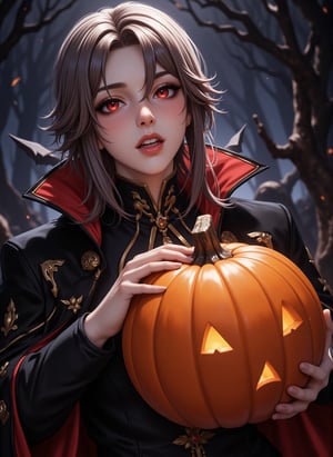 Anime style, exquisite male character, vampire with fang mouth, holding a pumpkin for Halloween, medium shot, detailed facial features, expressive eyes, dark and mysterious atmosphere, soft ambient lighting, focus on the character's eerie and captivating presence, intricate details in the vampire attire and pumpkin, slight tilt of the head, emphasis on the spooky and enchanting Halloween theme.