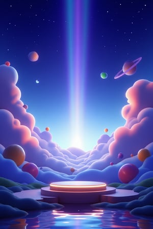 3D\(hubgstyle)\, a round podium on the ground in the middle, cosmos theme, clouds, starry sky, planets in the sky, glowing beam in the background, professional 3d model, anime artwork pixar, 3d style, good shine, OC rendering, highly detailed, volumetric, dramatic lighting,