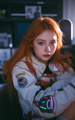 (ultra realistic,best quality),photorealistic,Extremely Realistic,in depth,cinematic light,hubggirl, BREAK photo of a ginger woman, in space, futuristic space suit, (freckles:0.8) cute face, sci-fi, dystopian, detailed eyes, blue eyes, BREAK dynamic poses, particle effects, perfect hands, perfect lighting, vibrant colors, intricate details, high detailed skin, intricate background, realistic, raw, analog, taken by Sony Alpha 7R IV, Zeiss Otus 85mm F1.4, ISO 100 Shutter Speed 1/400, Vivid picture, More Reasonable Details