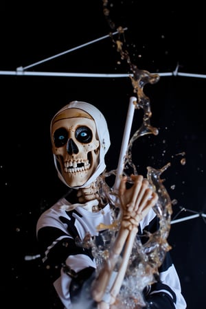 splash detailed, surreal dramatic lighting shadow (lofi, analog), kodak film by Brandon Woelfel Ryan McGinley, a skeleton. The skeleton is facing towards the right side of the image, with its mouth slightly open. Its eyes are a piercing blue, and its teeth are sharp and curved. The skull is facing the right, and it has a black rim around its eyes. Its head is encased in a white helmet, and the skeleton is wearing a white shirt with a black stripe pattern. Its arms are crossed, and one hand is holding a white stick. The background is black, and there are white lines running across the image.