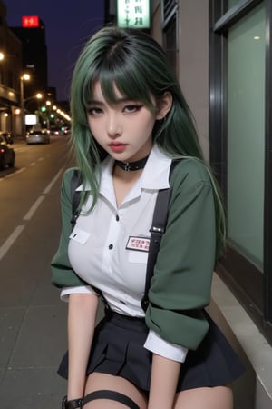 HUBG_Beauty_Girl,cowboy shot, white and black school uniform,(green hair,purple pupil,cute 1girl,full body:1.3),cityscape,lip biting,seductive leaning forward,detailed face,realistic,photorealistic,(studio light:1.2),evil smile,choker,Deep photo,depth of field,shadows,messy hair,seductive silhouette play,dark,nighttime,dark photo,grainy,dimly lit,shot on RED camera,harsh camera flash ((eyes closed)),bangs,hime cut,fashion model,
big_boobs,Sexy body, full hips, full, slim thighs