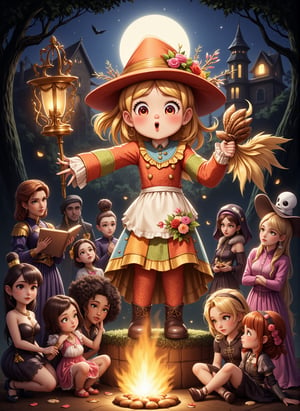 A whimsical Halloween night illustration! A cute Scarecrow stands in a storybook setting, surrounded by a moonlit forest. Wearing a bright orange hat and a patchwork outfit, the Scarecrow's straw-stuffed body is adorned with a flowing white apron and a bouquet of colorful flowers. In one hand, it holds a lantern that casts a warm glow on the scene.

In the background, a diverse cast of characters from various cultures and backgrounds gather around a bonfire, sharing spooky tales and treats. Some wear elaborate costumes, while others sport simpler attire with creative accessories. The lighting is warm and inviting, with subtle shadows adding depth to the illustration.

The Scarecrow's facial expression is endearingly goofy, its straw-filled body seeming to lean in with excitement as it listens to the stories. The characters' diverse skin tones, hair colors, and hairstyles are depicted with care, showcasing a vibrant community coming together to celebrate Halloween night.