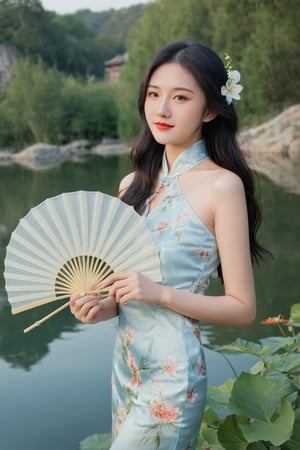 (ultra realistic,best quality),photorealistic,Extremely Realistic, in depth, cinematic light,hubggirl,

Beautiful young Chinese woman, long wavy black hair, wearing a chic summer cheongsam with modern floral patterns, standing by a serene lake. She is holding a traditional Chinese paper fan, with a gentle smile on her face. The scene is set during golden hour, with the sun casting a soft, warm light, enhancing the vibrant colors of the flowers and the reflective water surface, capturing a tranquil and elegant summer evening.

dynamic poses, particle effects, perfect hands, perfect lighting, vibrant colors, intricate details, high detailed skin, intricate background, realism, raw, analog, taken by Sony Alpha 7R IV, Zeiss Otus 85mm F1.4, ISO 100 Shutter Speed 1/400,

