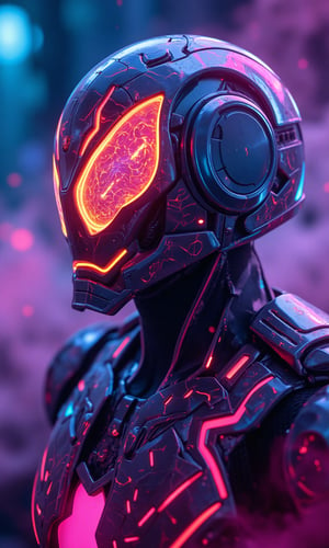 This image is a piece of digital art that looks like a futuristic or sci-fi scene. It shows a close-up of the head and upper body of a futuristic warrior who is wearing a neon metal helmet resembling a pumpkin lamp and a neo-futuristic technological battle armor that is a combination of Spider-Man and Iron Man battle armor.
High-tech cyberpunk style,
Vertigo, Splash Art, Splash Neon Colors, (Colorful Glowing Smoke) ((Dynamic Effects)), Best Quality, Wallpaper Art, UHD, Medium Scene, MSchiffer Art, ((Flat Colors)), (cel-shading style) Very Bold Neon Colors, Psychedelic Environments.