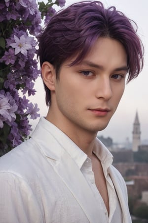 (ultra realistic,best quality),photorealistic,Extremely Realistic, in depth, cinematic light,hubgman,

Extremely Handsome man, solo, looking at viewer, bangs, shirt, gloves, long sleeves, holding, hair between eyes, purple eyes, white shirt, weapon, purple hair, flower, sword, holding sword, 

intricate background, realism,realistic,raw,analog,portrait,photorealistic,hubgman