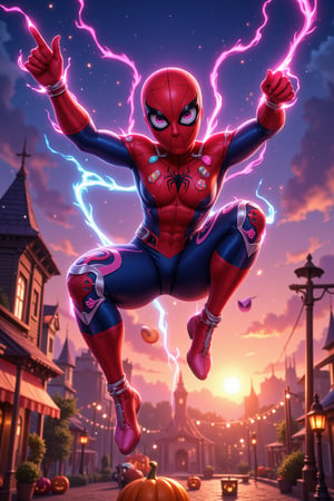 Anime style, 
Create a vibrant illustration of Spider-Man in a playful pose, jumping high above a lively Halloween-themed playground at sunset. The Spider-Man suit is petite but bursting with energy, featuring colorful candy decorations that radiate joyful vibes. The spider silk threads shot through his costume glow pink, sweet, and adorable. The background playground is aglow with bright lights, adding to the festive atmosphere.