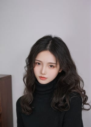 raw, photo, realistic BREAK an woman,clean skin,wearing a black turtleneck sweater,soft hair,black long curly hair,looking at the camera,More Reasonable Details,hubggirl,Chinese girl