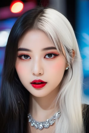 Best quality, 4K, 8K, high-resolution, masterpiece, ultra-detailed, photorealistic, a close up of a woman's face with black and white hair, glowing eyes, and lots of glitter, 1girl, long hair, red eyes, jewelry, black hair, blurry, eyelashes, lips, colored skin, depth of field, straight hair, cosmic background, portrait, gem, silver skin