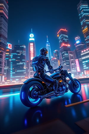 A photograph of a futuristic robot, sleek metallic body with glowing blue accents, riding a high-tech motorcycle, near the center of a bustling city at night. The cityscape includes towering skyscrapers with neon signs. The bright city lights create dynamic reflections on the robot and bike. Created Using: HDR camera, cyberpunk art movement, neon lighting, wide-angle lens, glossy finish, digital painting techniques, dramatic shadows, lens flares, hd quality, natural look