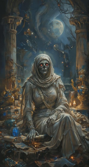 Stunning oil painting illustration. A hauntingly beautiful scene unfolds: a majestic female mummy sits regally on an ancient stone pedestal, wrapped in tattered linen, her weathered face aglow with mystique beneath a veil of darkness. Her Skull face with Detailed mystery eyes. Framed by the pedestal's rugged edges, she is flanked by treasures scattered across the background, including glinting golden artifacts and sparkling precious jewels that seem to hold secrets of forgotten lore. Scrolls unspool tales of ancient mysteries, their worn parchment stretching like skeletal fingers towards the mummy. Moody lighting casts long shadows, weaving an aura of mystery around this regal mummy as if the darkness itself has come to pay homage.