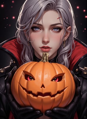 Anime style, exquisite male character, vampire with fang mouth, holding a pumpkin for Halloween, medium shot, detailed facial features, expressive eyes, dark and mysterious atmosphere, soft ambient lighting, focus on the character's eerie and captivating presence, intricate details in the vampire attire and pumpkin, slight tilt of the head, emphasis on the spooky and enchanting Halloween theme.