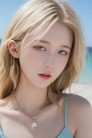 hyper realistic photo of a beautiful girl,20yo,detailed exquisite face,soft shiny skin,long and natural blonde hair styled impeccably reflecting modern urban trends,Kristen Stewart lookalike,perfect female form,model body,elegant urban fashion,earrings and necklaces,[freckles], backdrop:the famous "Nice" beach in France,sea shore,[baby blue,mint and cream colors],dark:1.3,chiaroscuro lighting:1.2