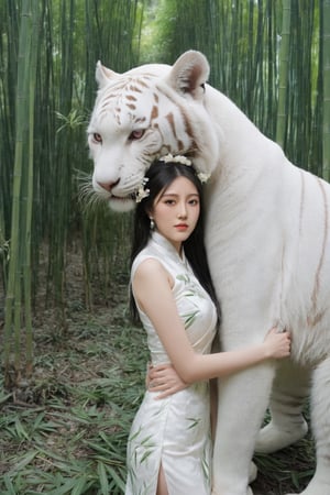 (ultra realistic,best quality),photorealistic,Extremely Realistic, in depth, cinematic light,hubggirl,

 1 girl, sole female, shiny straight black hair, brigth pink eyes, panda_bear ears, qipao dress, hugging a big white tiger in a bamboo forest, full-body_portrait,

intricate background, realism,realistic,raw,analog,portrait,photorealistic,