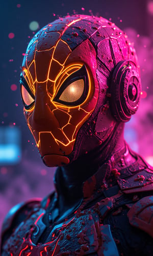 a photorealistic close-up Iron Man_Spider-Man in a pumpkin headgear, Hi-Tech cyberpunk style,
stoned, splatter art, color -splattered neon colors, (colorful glowing smoke) ((motion effect)), best quality, wallpaper art, UHD, centerpiece, MSchiffer art, ((flat color)), (cel-shading style) colors very bold neon, ((high saturation)) ink lines, psychedelic environments.