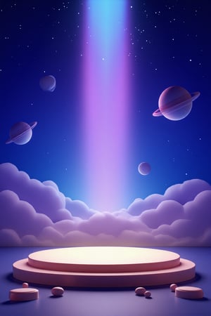 3D\(hubgstyle)\, a round podium on the ground in the middle, cosmos theme, clouds, starry sky, planets in the sky, glowing beam in the background, professional 3d model, anime artwork pixar, 3d style, good shine, OC rendering, highly detailed, volumetric, dramatic lighting,