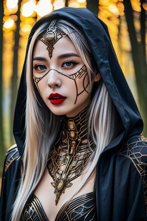 Cyberpunk priestess, pale face with intricate circuitry tattoos. Glowing red eyes, black lips. Ornate golden hood, dark robe. Mechanical neck and chest visible. Eerie forest background. Hyper-detailed, dramatic lighting, digital art style. Gothic and futuristic blend