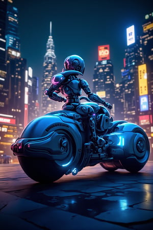 A photograph of a futuristic robot, sleek metallic body with glowing blue accents, riding a high-tech motorcycle, near the center of a bustling city at night. The cityscape includes towering skyscrapers with neon signs. The bright city lights create dynamic reflections on the robot and bike. Created Using: HDR camera, cyberpunk art movement, neon lighting, wide-angle lens, glossy finish, digital painting techniques, dramatic shadows, lens flares, hd quality, natural look