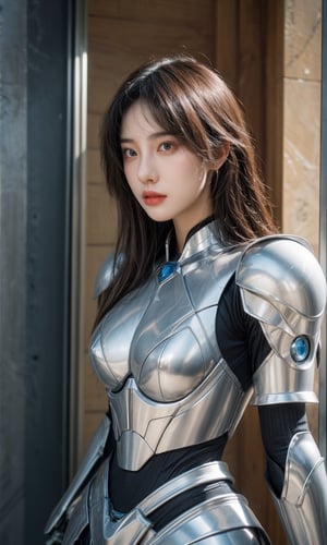 (ultra realistic,best quality),photorealistic,Extremely Realistic, in depth, cinematic light,hubgwomen,hubg_beauty_girl, front_view, masterpiece, best quality, photorealistic, raw photo, (1girl, looking at viewer), long white hair, mechanical white armor, intricate armor, delicate blue filigree, intricate filigree, red metalic parts, detailed part, dynamic pose, detailed background, dynamic lighting, HUBG_Mecha_Armor, intricate background, realism,realistic,raw,analog,portrait,photorealistic, HUBG_Mecha_Armor,hubg_mecha_girl