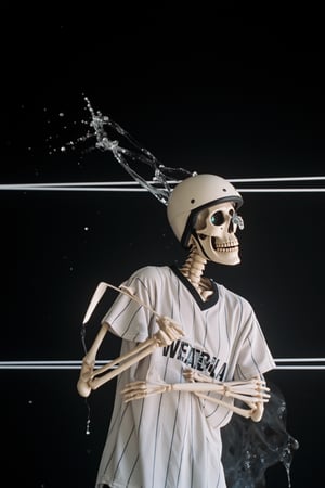 splash detailed, surreal dramatic lighting shadow (lofi, analog), kodak film by Brandon Woelfel Ryan McGinley, a skeleton. The skeleton is facing towards the right side of the image, with its mouth slightly open. Its eyes are a piercing blue, and its teeth are sharp and curved. The skull is facing the right, and it has a black rim around its eyes. Its head is encased in a white helmet, and the skeleton is wearing a white shirt with a black stripe pattern. Its arms are crossed, and one hand is holding a white stick. The background is black, and there are white lines running across the image.