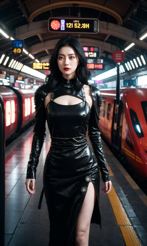 Cyberpunk Noir Movie Style,emitting a sense of sadness,Frightful eyes,Horrific hallucinations,a chinese woman,Ecstatic,dark red lips,Futuristic time traveler dress with clock and gears motifs,(Velvet leggings:hot pants:0.2),armored,brightly lit interior,in a Romantic Goth train station,hdr,4k,bright colors,