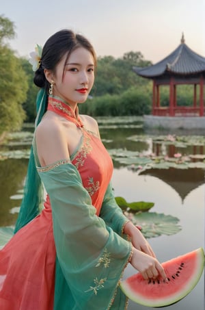 (ultra realistic,best quality),photorealistic,Extremely Realistic, in depth, cinematic light,hubgirl,
A Chinese girl with silky black hair tied in a high ponytail, wearing a flowing qipao dress patterned with delicate blossoms, stands atop a traditional pavilion overlooking a tranquil lotus pond at sunset. She holds a slice of refreshing watermelon, its deep red hues mirroring the colors of the fading sky, and smiles softly at the beauty around her. The setting sun bathes everything in a warm golden glow, highlighting the intricate embroidery on her dress and the fine beads of moisture on the watermelon,
dynamic poses, particle effects, perfect hands, perfect lighting, vibrant colors, intricate details, high detailed skin, intricate background, realism, raw, analog, taken by Sony Alpha 7R IV, Zeiss Otus 85mm F1.4, ISO 100 Shutter Speed 1/400,