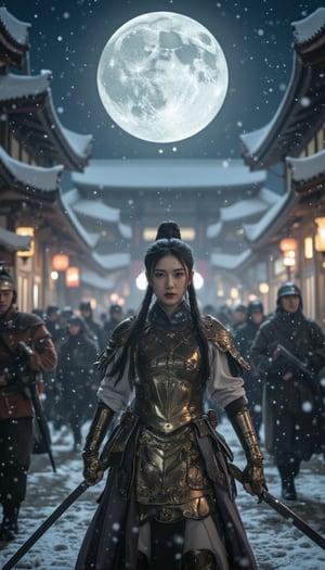 An ancient Chinese city street setting,
ancient China, city street, nighttime, full moon, soldiers, winter, snow-covered rooftops, traditional architecture, lanterns,
in the middle, a female general stands confidently, wearing heavenly golden armor and wielding a long sword, as soldiers rush past her, the moonlight illuminating her fierce expression amidst the falling snow.