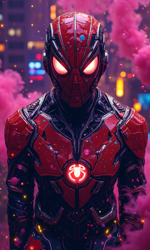 a photorealistic close-up Iron-Man_Spider-Man_pumpkin-Man, Hi-Tech cyberpunk style,
stoned, splatter art, color -splattered neon colors, (colorful glowing smoke) ((motion effect)), best quality, wallpaper art, UHD, centerpiece, MSchiffer art, ((flat color)), (cel-shading style) colors very bold neon, ((high saturation)) ink lines, psychedelic environments.