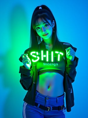 photorealistic,portrait of hubggirl, A South Korean K-pop girl stands heroically against a neon-lit backdrop of electric blue and lime green hues, her technicolor hairstyle shining like a beacon amidst the kaleidoscope colors. Radiant smile beams within Lime Green ambient light as she holds a 'SHIT' sign in Lime Green, with photo-realistic details bringing her to life. Framed by vibrant cityscapes, she's dressed in a modern battle costume, leaving waist and legs exposed to showcase toned physique. Long dark brown or black hair tied up in ponytail highlights elegant facial features. In the next scene, she's enhanced with SKP technology, standing out in tight blue-black jumpsuit amidst military atmosphere filled with intense vibrations, iconic fans with metal blades glinting light as she prepares for combat.