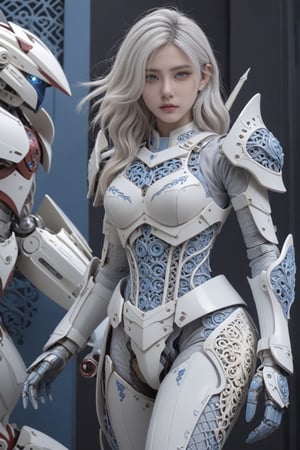 front_view, masterpiece, best quality, photorealistic, raw photo, (1girl, looking at viewer), long white hair, mechanical white armor, intricate armor, delicate blue filigree, intricate filigree, red metalic parts, detailed part, dynamic pose, detailed background, dynamic lighting, HUBG_Mecha_Armor