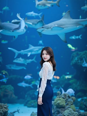 A young woman stands in front of a large aquarium, with various marine animals, including sharks and rays, swimming in the blue water behind her. She is turned slightly, looking back toward the camera with a gentle smile, creating a warm connection with the viewer. Her outfit is elevated to feature a stylish, fitted white blouse with delicate lace details, paired with a high-waisted navy blue skirt that adds sophistication. The lighting highlights her silhouette against the vibrant underwater scene, enhancing the depth and beauty of both the model and her surroundings.