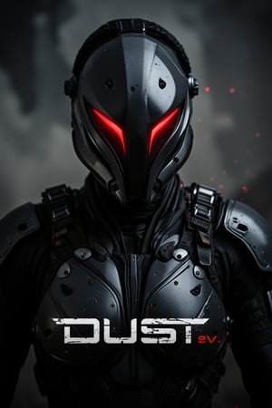 FuturisticWarrior style,, The image is a digital art piece that appears to be a futuristic or sci-fi scene. It shows a close-up of a gallente assault's head and upper body, with a metallic armor-like appearance. The gallente assault's face is covered in red eyes, giving it a futuristic and ominous look. The background is a dark, cloudy sky with a hint of smoke or dust. The overall mood of the image is dark and ominous. The word "DUST" is written in white text on the bottom right corner, with the word "EVE" in a larger font size than the rest of the text.