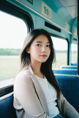 cute girl sitting on a bus, natural lighting from window, 35mm lens, soft and subtle lighting, girl centered in frame, shoot from eye level, incorporate cool and calming colors,hubggirl