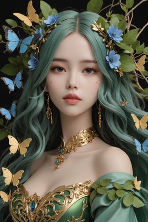 splash art, digital painting, alcohol ink painting, luminism, golden lines, BjD doll face, porcelain skin, baroque, long swirling green hair, lavish green leaves, falling blue flowers, celestial lighting, butterflies, tree branches, sky, golden glowing, water drops,

best quality, masterpiece, high res, absurd res,
perfect lighting, vibrant colors, intricate details,
high detailed skin, pale skin,
,HUBGGIRL, HUBG_Mecha_Armor