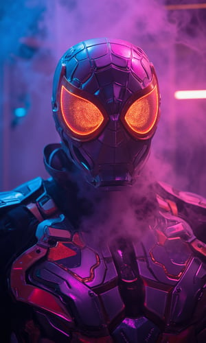 This image is a piece of digital art that looks like a futuristic or sci-fi scene. It shows a close-up of the head and upper body of a futuristic warrior who is wearing a neon metal helmet resembling a pumpkin lamp and a neo-futuristic technological battle armor that is a combination of Spider-Man and Iron Man battle armor.
High-tech cyberpunk style,
Vertigo, Splash Art, Splash Neon Colors, (Colorful Glowing Smoke) ((Dynamic Effects)), Best Quality, Wallpaper Art, UHD, Medium Scene, MSchiffer Art, ((Flat Colors)), (cel-shading style) Very Bold Neon Colors, Psychedelic Environments.