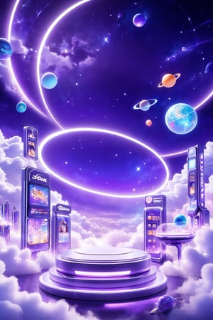 professional 3d model,anime artwork pixar,3d style,good shine,OC rendering,highly detailed,volumetric,dramatic lighting,3d\(hubgstyle)\,

E-commerce booth, a round podium on the ground in the middle, purple futuristic scene theme, clouds, starry sky, planets in the sky, glowing beam in the background,

beautiful colorful background,very beautiful,masterpiece,best quality,super detail,anime style,key visual,vibrant,studio anime,