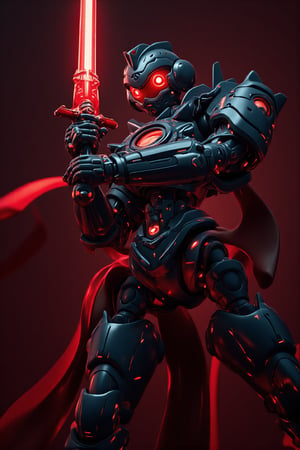 (ultra realistic,best quality),photorealistic,Extremely Realistic, in depth, cinematic light,mecha\(hubggirl)\, front view of a dark grey female robot soldier, holding a glowing red sword downwards with both hands, red_led, dynamic poses, particle effects, perfect hands, perfect lighting, vibrant colors, intricate details, high detailed skin, intricate background, realism, realistic, raw, analog, taken by Canon EOS,SIGMA Art Lens 35mm F1.4,ISO 200 Shutter Speed 2000,Vivid picture,hubggirl