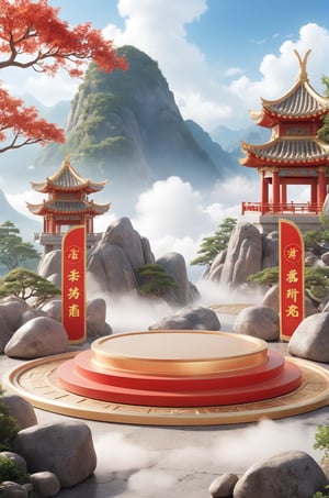 3D\(hubgstyle)\,
a round podium on the ground in the middle, Chinese aesthetic, Chinese architecture on both sides, rocks, trees, mountains and clouds in the background,

professional 3d model, anime artwork pixar, 3d style, good shine, OC rendering, highly detailed, volumetric, dramatic lighting, 