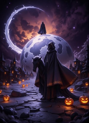 In the haunting ambiance of Halloween 2024, a solitary figure stands confidently upon a vast, shimmering moon. The moon is an ethereal spectacle, its surface a patchwork of silvery craters and shadowy valleys that glisten like diamonds under the glow of the eerie, otherworldly light. The figure, swathed in a flowing cloak of deep midnight black, has a hood draped low over their face, concealing their identity and adding an air of mystery. Surrounding them, the moon is adorned with the playful decorations of Halloween: glowing jack-o'-lanterns dot the lunar landscape, their flickering candlelight casting dancing shadows that ripple across the terrain. Wisps of gossamer cobwebs cling to the surface, catching the light and creating a ghostly shimmering effect. Above, the sky is a swirling canvas of dark purples and deep oranges, dotted with twinkling stars that seem to wink knowingly at the scene below. A chilling breeze whistles past, carrying faint sounds of rustling leaves and distant laughter, as if the spirits of Halloween revelers are frolicking just out of sight. The atmosphere is charged with anticipation—a blend of excitement and unease—as the figure stands poised on the edge of the moon, surveying the surreal and ghostly landscape that embodies the spirit of the night,V