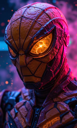 a photorealistic close-up Iron Man_Spider-Man in a pumpkin headgear, Hi-Tech cyberpunk style,
stoned, splatter art, color -splattered neon colors, (colorful glowing smoke) ((motion effect)), best quality, wallpaper art, UHD, centerpiece, MSchiffer art, ((flat color)), (cel-shading style) colors very bold neon, ((high saturation)) ink lines, psychedelic environments.