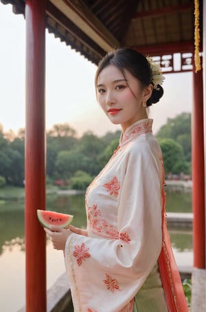 (ultra realistic,best quality),photorealistic,Extremely Realistic, in depth, cinematic light,hubgirl,
A Chinese girl with silky black hair tied in a high ponytail, wearing a flowing qipao dress patterned with delicate blossoms, stands atop a traditional pavilion overlooking a tranquil lotus pond at sunset. She holds a slice of refreshing watermelon, its deep red hues mirroring the colors of the fading sky, and smiles softly at the beauty around her. The setting sun bathes everything in a warm golden glow, highlighting the intricate embroidery on her dress and the fine beads of moisture on the watermelon,
dynamic poses, particle effects, perfect hands, perfect lighting, vibrant colors, intricate details, high detailed skin, intricate background, realism, raw, analog, taken by Sony Alpha 7R IV, Zeiss Otus 85mm F1.4, ISO 100 Shutter Speed 1/400,