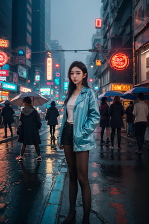 A portrait of young woman standing in the street, cyberpunk city, street vendor, neon lights, blue hour, misty, foggy, rainy, wide angle shot, shallow depth-of-field, bokeh, cinematic, masterpiece, best quality, high resolution, HUBG_Beauty_Girl, pantyhose,More Detail