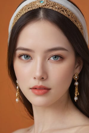 woman 25 years old, long straight hair, thick hair, detailed face, long eyelashes, detailed eyes, red cheeks, glossy skin, elegant woman, healthy skin tone, pretty and beauty woman face marks, pale snow white skin tone, blue green eyes, little light makeup, hair covering one eye, looking aside, (wearing golden accessories:1.3), hot saturated orange background, white lighting on face, detailed, quality, professional camera photo, spotlight, photo session, dramatic lighting on face, face close-up,